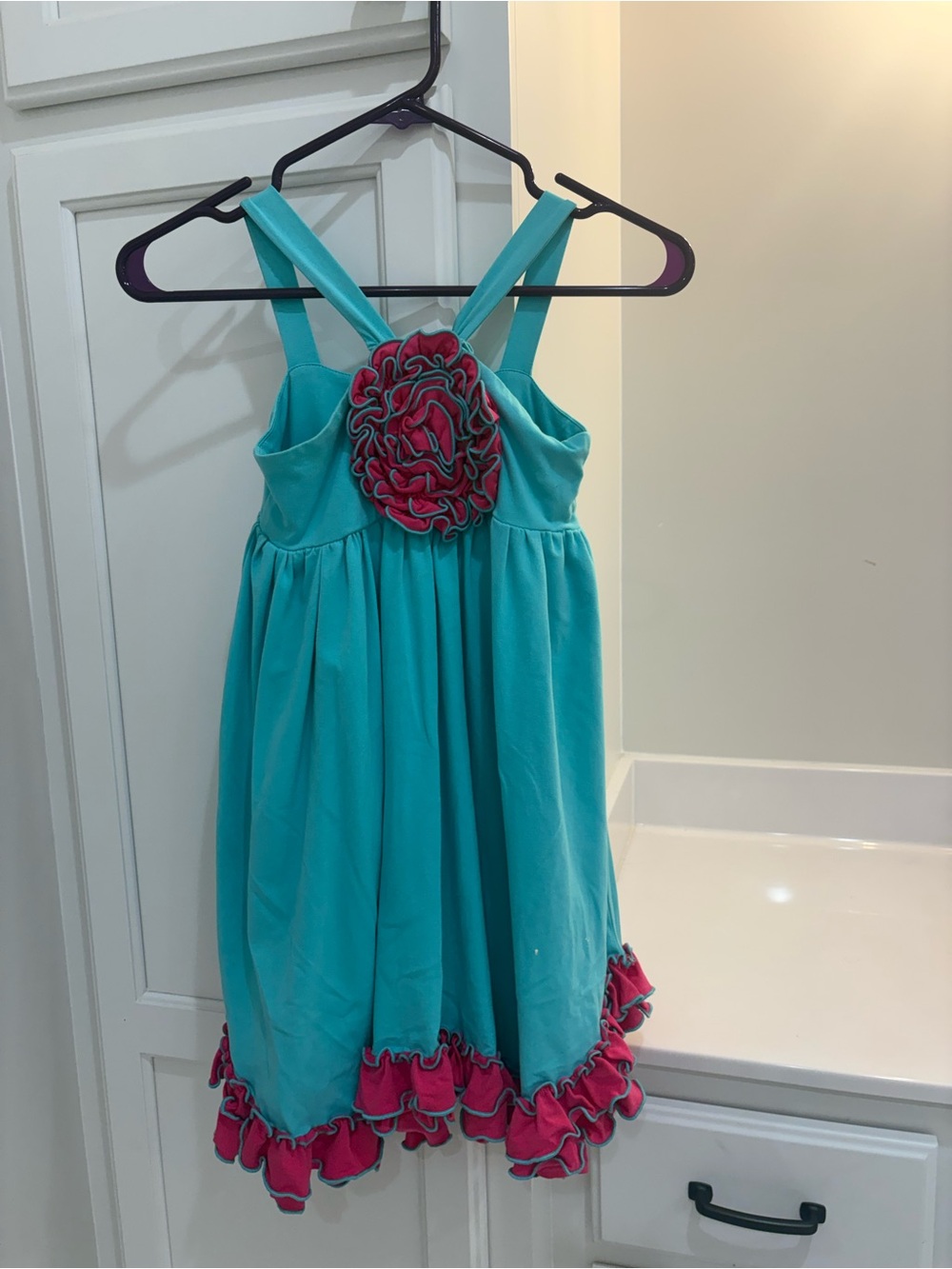 Turquoise Formal Dress with Pink Ruffle Flower for Girls